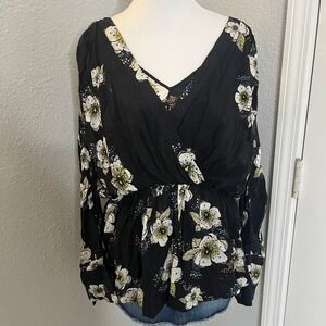 Floral Blouse Black Long Sleeve V Neck Wrap Style‎ Top